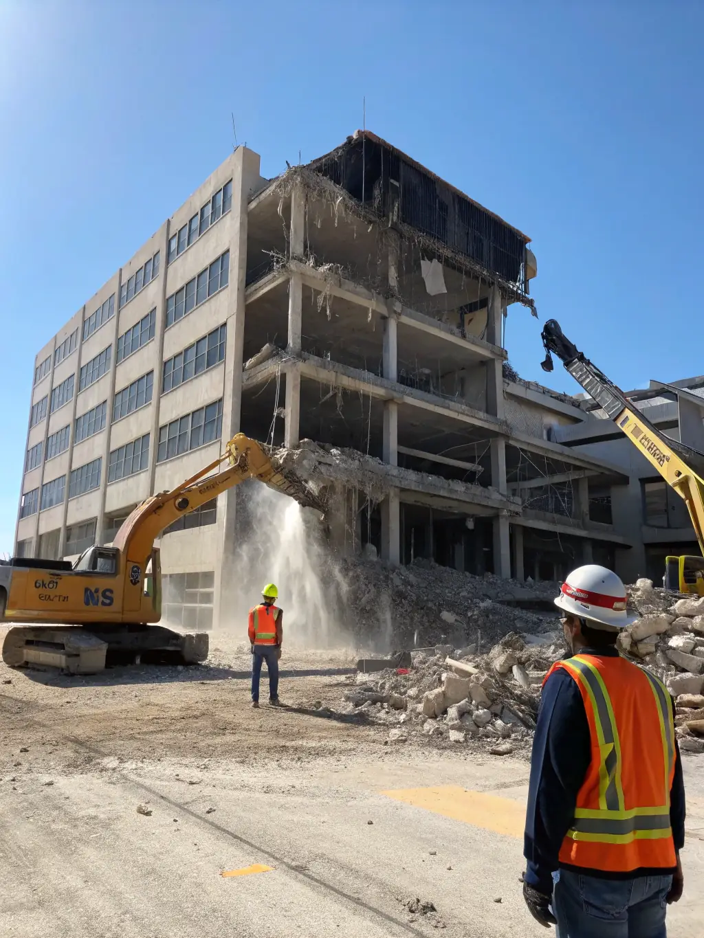 A demolition site where Bhadeya Technical Services L.L.C. team is carefully demolishing a concrete structure, with dust control measures in place and safety barriers visible.