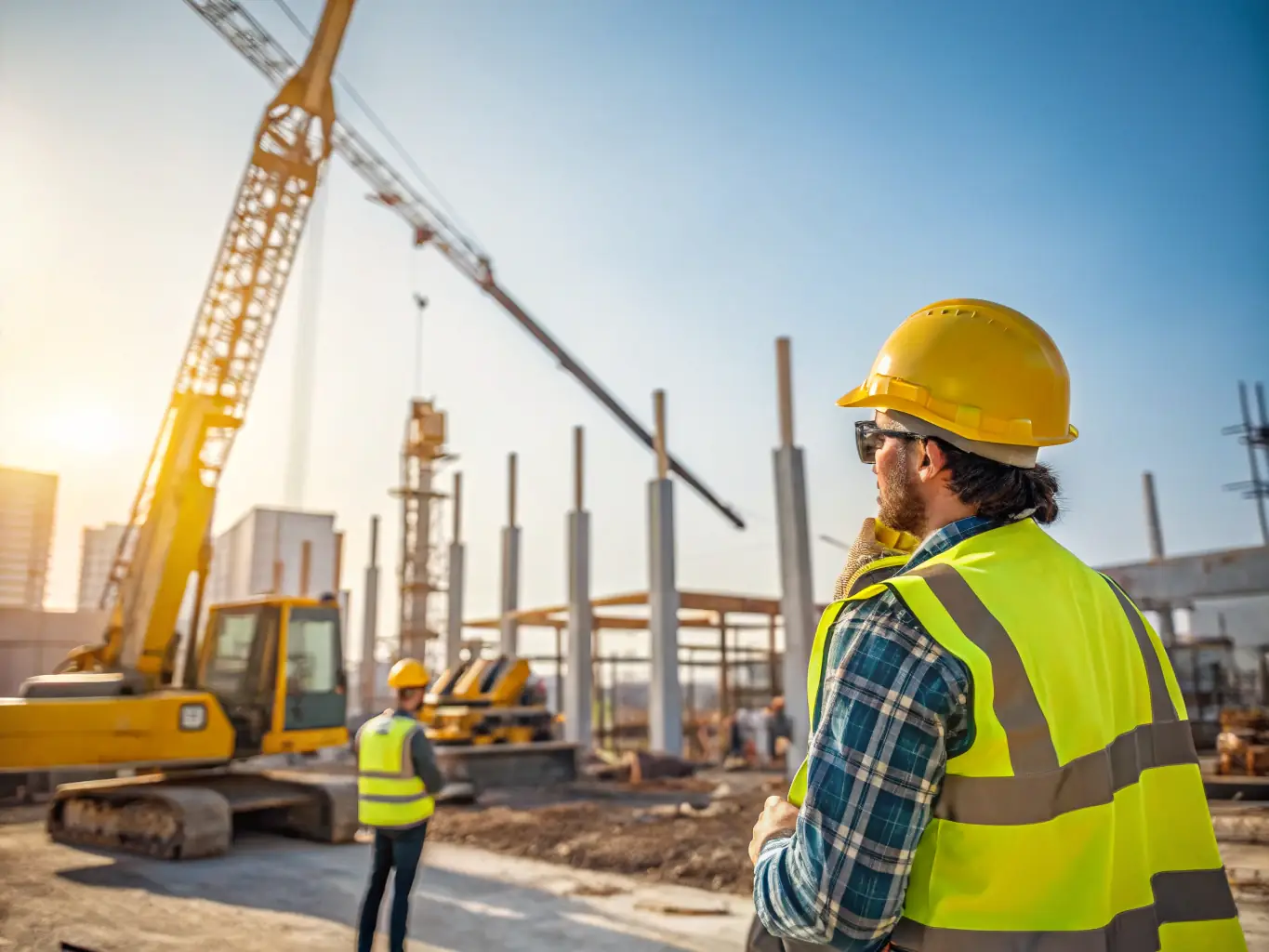 A wide-angle shot of a Bhadeya Technical Services L.L.C. excavator digging a trench for utility installation on a construction site. The focus is on the precision and control of the machinery, with workers nearby wearing safety gear.
