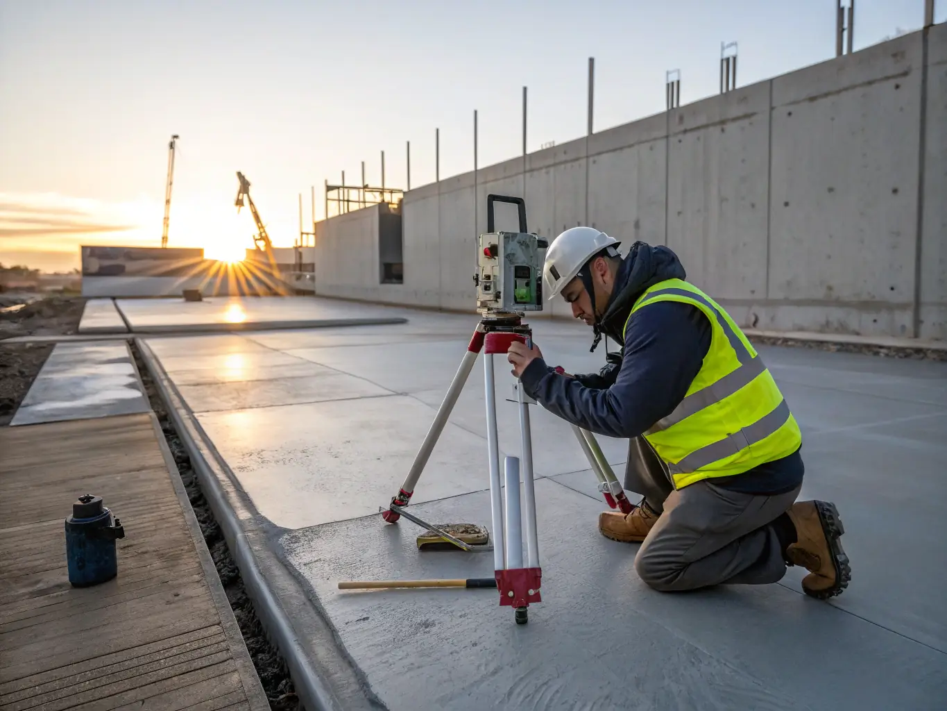 A close-up shot of a Bhadeya Technical Services L.L.C. worker using a laser level to ensure precise depth and alignment during a foundation excavation. The image highlights the attention to detail and accuracy in the process.