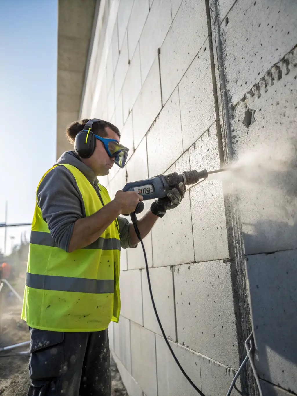 A close-up of a skilled technician using advanced GPR equipment to scan a concrete wall before core cutting, highlighting the importance of safety and precision.